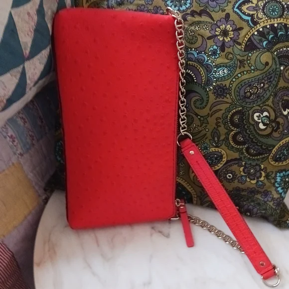 NWOT Kate Spade Red Ostrich Embossed Shoulder Bag, Gold Chain Strap - Picture 5 of 12